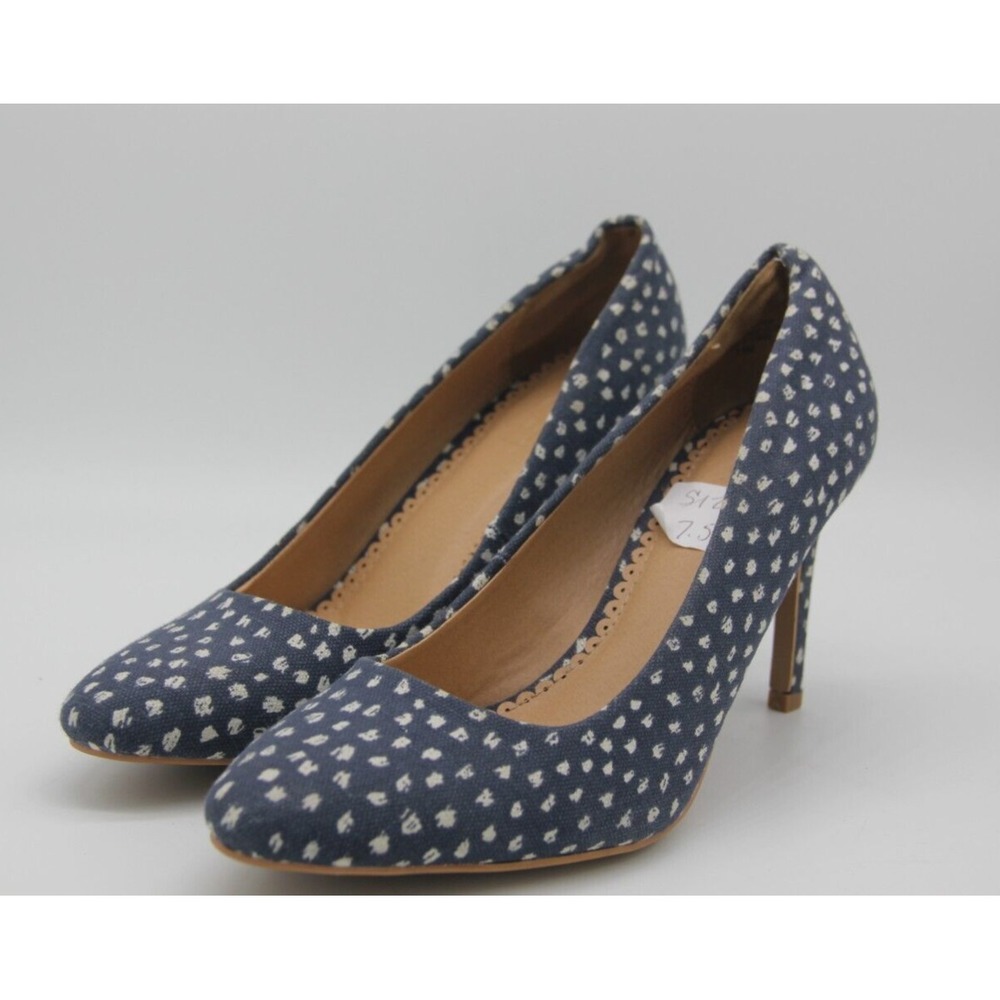 Loft Round Toe Heels Womens 7.5 Blue White Polka Dot 3" Stiletto Chambray Pumps